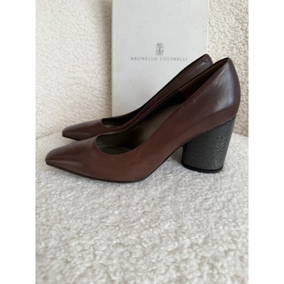 NWT Brunello Cucinelli - Brown Leather And Caviar Beads Block Heel Size 37 - Picture 5 of 12